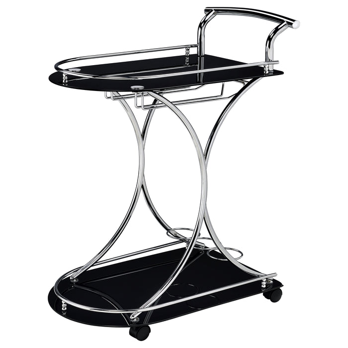 Black and chrome Elfman 2-tier glass shelf metal bar cart featuring sleek design and sturdy construction.