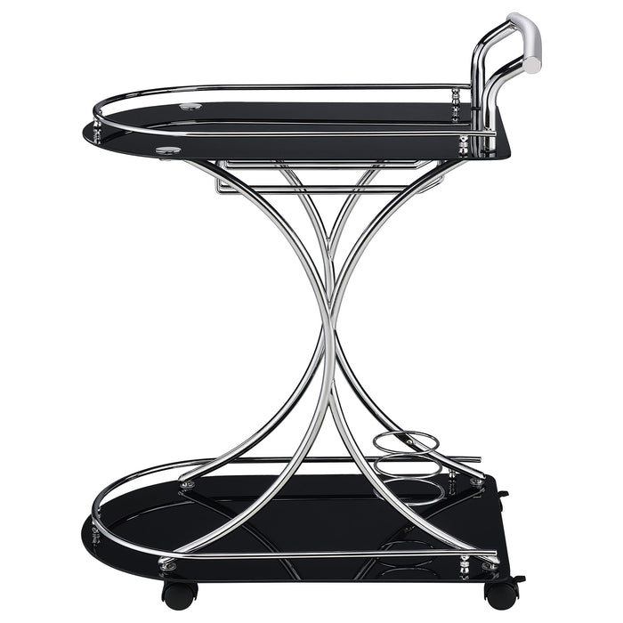 Black and chrome Elfman 2-tier glass shelf metal bar cart with wheels, modern furniture by CoasterEveryday.