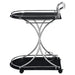 Black and chrome Elfman 2-tier glass shelf metal bar cart with wheels, modern furniture by CoasterEveryday.