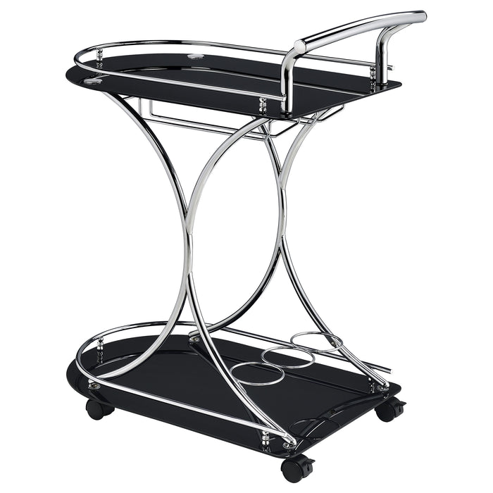 CoasterEveryday Elfman 2-tier glass and metal bar cart in black and chrome with sleek shelves and modern design.
