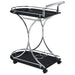 CoasterEveryday Elfman 2-tier glass and metal bar cart in black and chrome with sleek shelves and modern design.