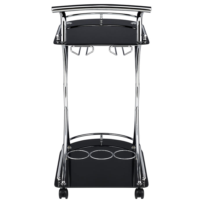 Black and chrome Elfman 2-tier glass shelf metal bar cart with modern design, featuring sturdy metal frame and clear glass shelves.