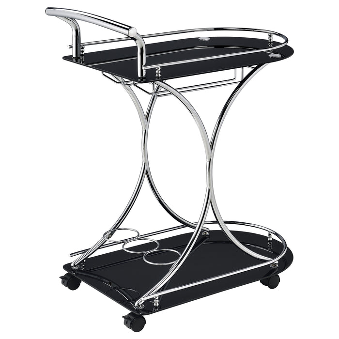 Black and chrome Elfman 2-tier glass shelf metal bar cart with wheels, modern furniture piece by CoasterEveryday.