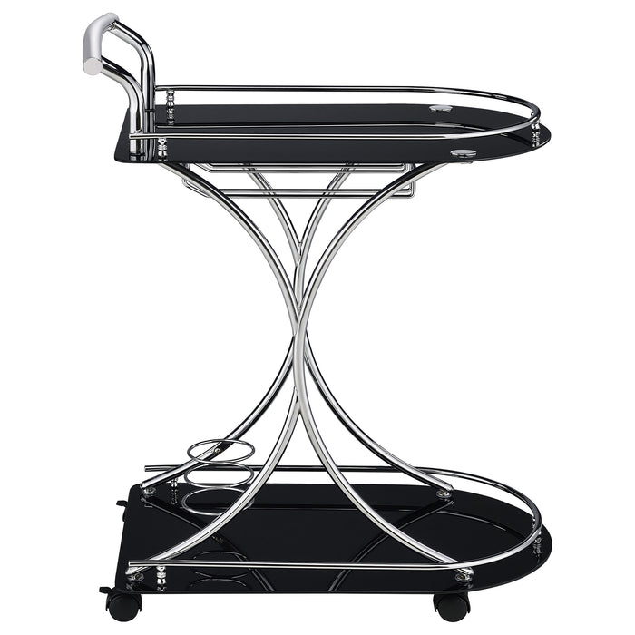 Black and chrome Elfman 2-tier glass shelf metal bar cart with wheels, featuring a sleek modern furniture design.