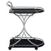 Elfman 2-tier glass shelf metal bar cart in black and chrome, featuring sturdy frame and clear glass shelves for versatile storage