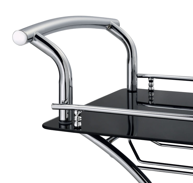 CoasterEveryday Elfman 2-tier glass shelf metal bar cart with black frame and chrome accents, featuring two glass shelves.