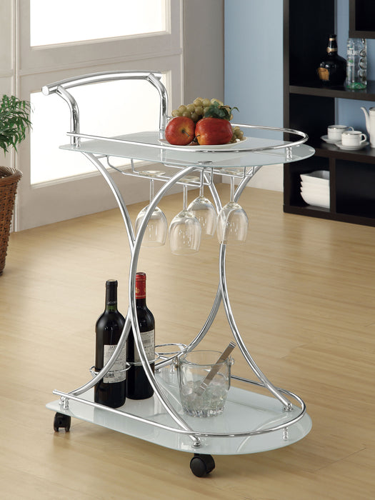 White and chrome Elfman 2-tier glass shelf metal bar cart with modern design, featuring two spacious glass shelves and metal frame.