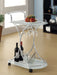 White and chrome Elfman 2-tier glass shelf metal bar cart with modern design, featuring two spacious glass shelves and metal frame.