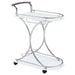 CoasterEveryday Elfman 2-tier glass shelf metal bar cart with white frame and chrome accents, featuring a modern furniture design.
