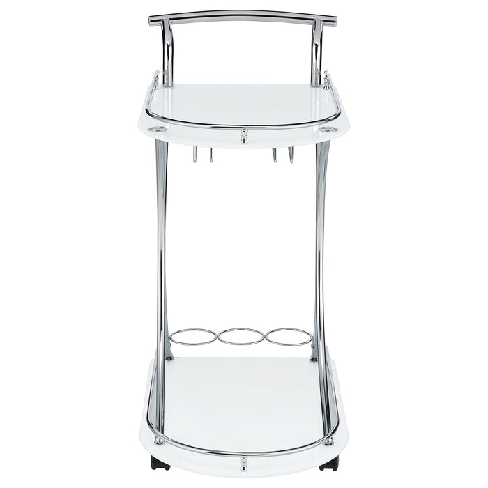 White and chrome Elfman 2-tier glass shelf metal bar cart with handle, perfect for stylish beverage and display storage.