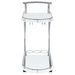 White and chrome Elfman 2-tier glass shelf metal bar cart with handle, perfect for stylish beverage and display storage.