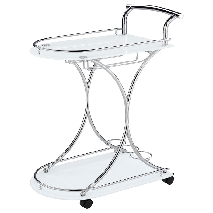 CoasterEveryday Elfman 2-tier glass and metal bar cart with white shelves and chrome frame for stylish beverage storage.