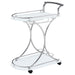CoasterEveryday Elfman 2-tier glass and metal bar cart with white shelves and chrome frame for stylish beverage storage.