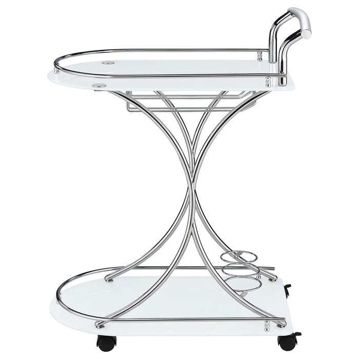 CoasterEveryday Elfman 2-tier glass shelf metal bar cart in white and chrome with two shelves and modern design.