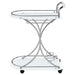 CoasterEveryday Elfman 2-tier glass shelf metal bar cart in white and chrome with two shelves and modern design.