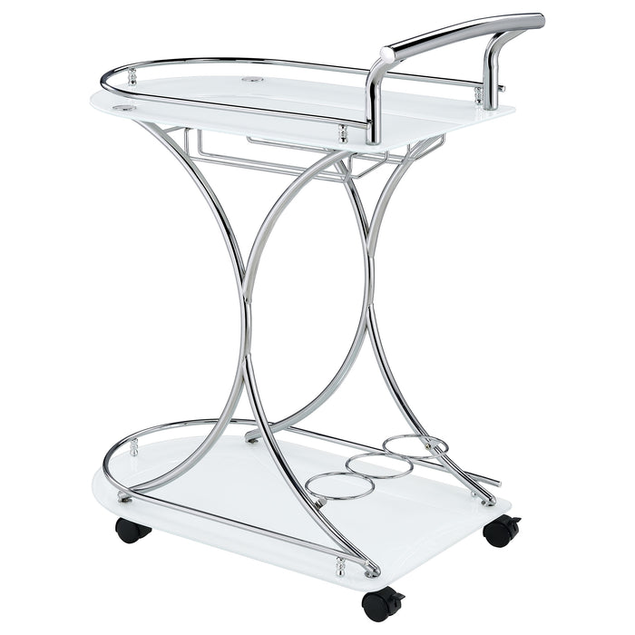 CoasterEveryday Elfman 2-tier glass shelf metal bar cart with white and chrome finish, showcasing modern furniture design.