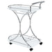 CoasterEveryday Elfman 2-tier glass shelf metal bar cart with white and chrome finish, showcasing modern furniture design.