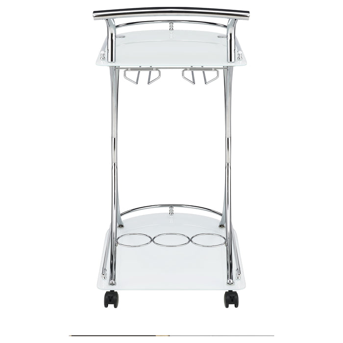 CoasterEveryday Elfman 2-tier glass shelf metal bar cart with white and chrome finish, featuring sleek design and sturdy construction.