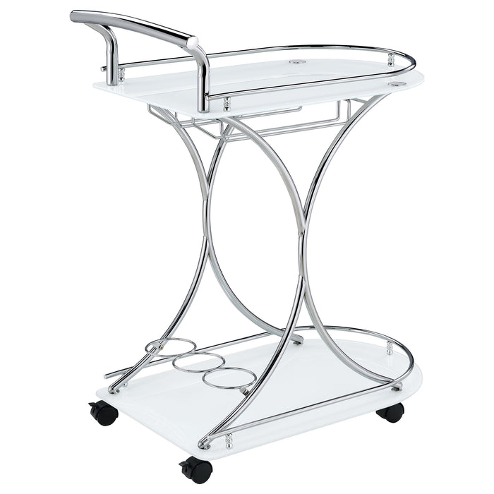 CoasterEveryday Elfman 2-tier glass shelf metal bar cart with white and chrome finish, featuring a modern furniture design.
