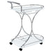 CoasterEveryday Elfman 2-tier glass shelf metal bar cart with white and chrome finish, featuring a modern furniture design.