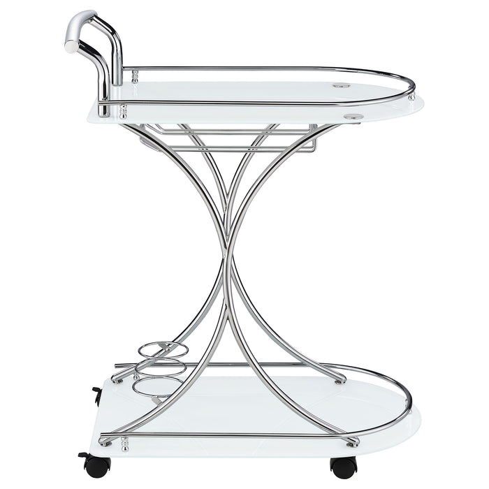 CoasterEveryday Elfman 2-tier glass shelf metal bar cart with white and chrome finish, featuring two glass shelves and metal frame.