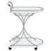 CoasterEveryday Elfman 2-tier glass shelf metal bar cart with white and chrome finish, featuring two glass shelves and metal frame.
