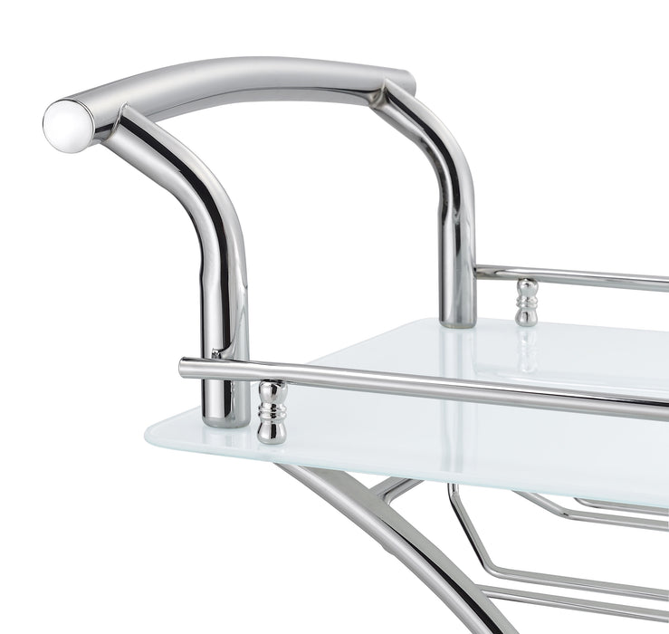 CoasterEveryday Elfman 2-tier glass shelf metal bar cart with white and chrome finish, featuring two glass shelves and metal frame.