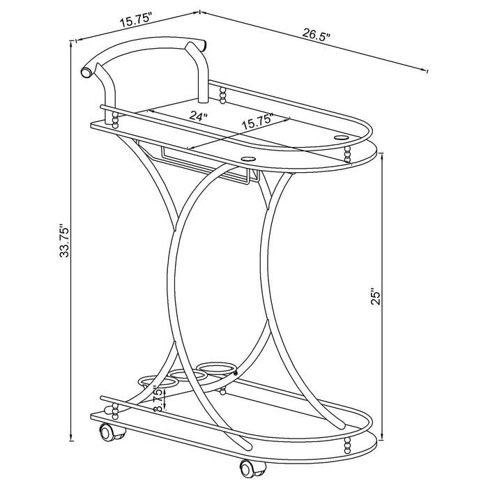 CoasterEveryday Elfman 2-tier glass shelf metal bar cart in white and chrome with two spacious glass shelves and metal frame.