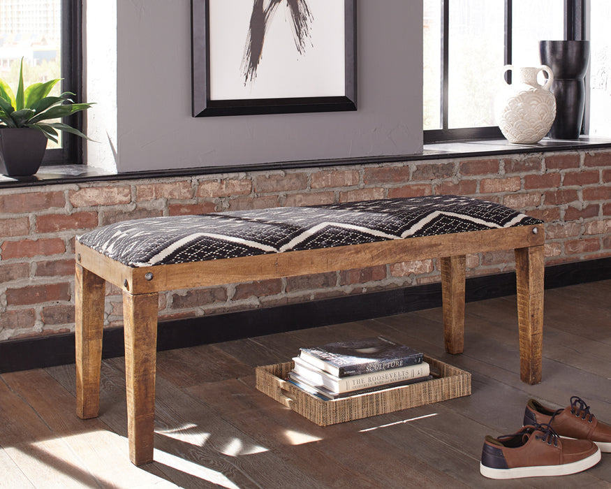 CoasterEssence Lamont fabric upholstered accent bench in black with natural wood legs