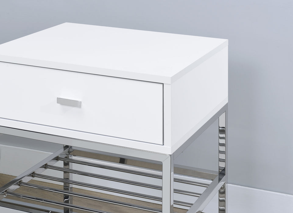 Siega 1-Drawer Shoe Storage Entryway Bench White High Gloss and Chrome