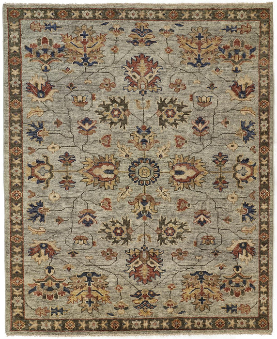 8' x 10' Wool Floral Hand Knotted Stain Resistant Area Rug With Fringe - Gray Gold And Red