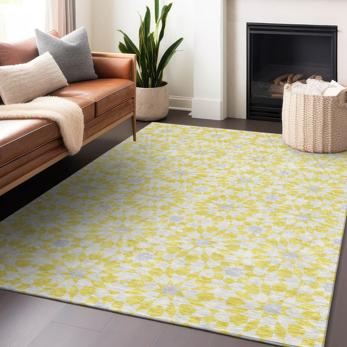 9' X 12' Geometric Washable Area Rug With UV Protection - Yellow And Gray