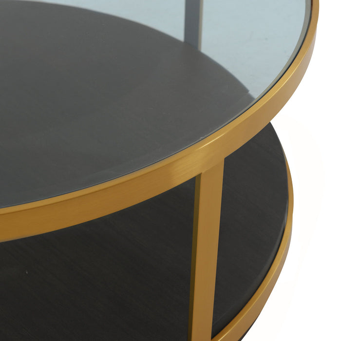 Glass Wood And Metal Round Coffee Table With Shelf - Clear Black And Gold
