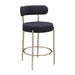 Set of 2 Giga modern Sherpa counter height barstools with brushed brass legs, upholstered seats, footrests, and low round backs.