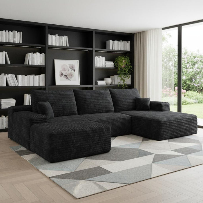 2 Piece Living Room Set Corduroy Modular Compression Foam Sofa & Ottoman Toss Pillows - Black