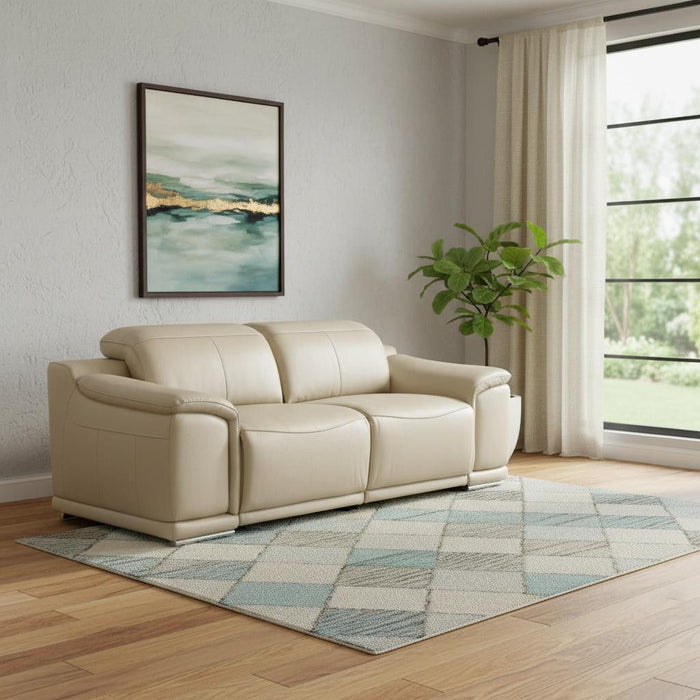 Italian Leather Power Reclining Loveseat - Cream / Silver