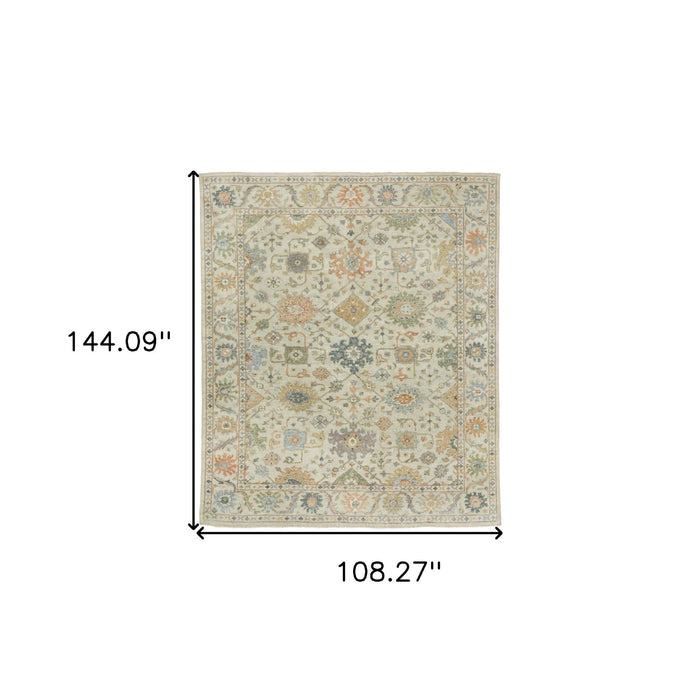 9' X 12' Wool Oriental Hand Knotted Area Rug With Fringe - Beige And Green