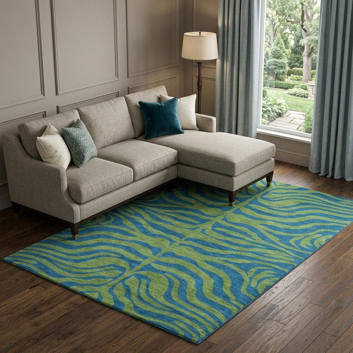 10' X 14' Animal Print Washable Area Rug With UV Protection (681827) - Green / Navy Blue