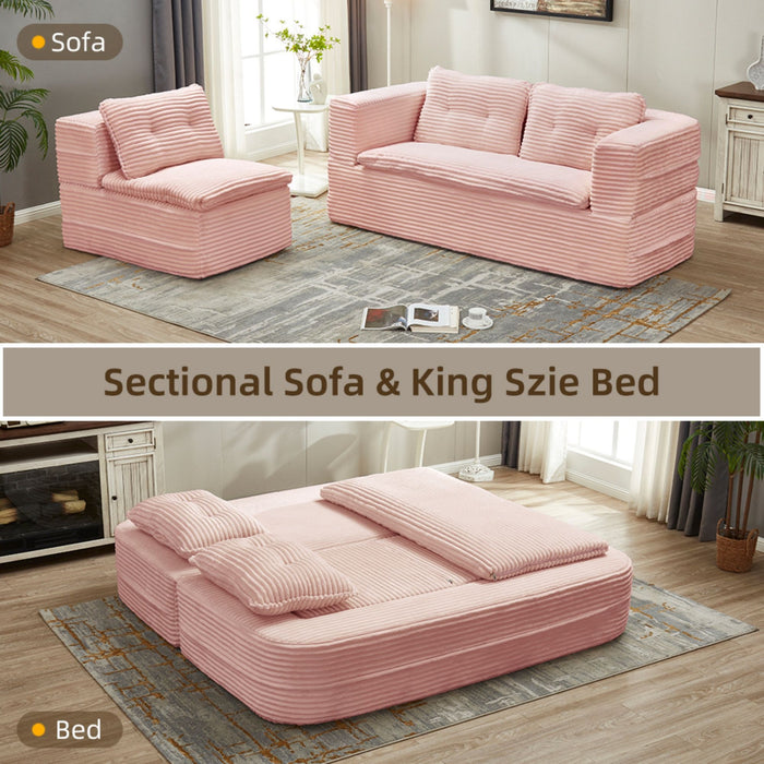 Baby pink Giga futon sofa bed with independent chaise lounge, deep seat, and convertible king-size bed offering versatile comfort.
