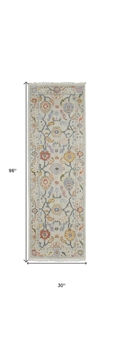 8' Wool Oriental Hand Knotted Runner Rug With Fringe - Gray And Yellow