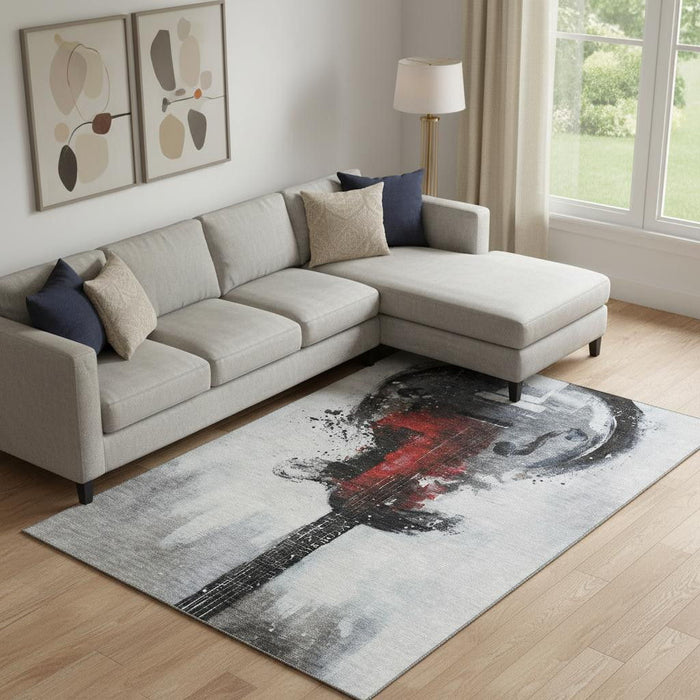 10' X 14' Abstract Washable Area Rug With UV Protection (717536) - Gray / Red