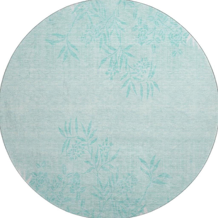8' Floral Washable Round Rug With UV Protection (655677) - Teal / Ivory