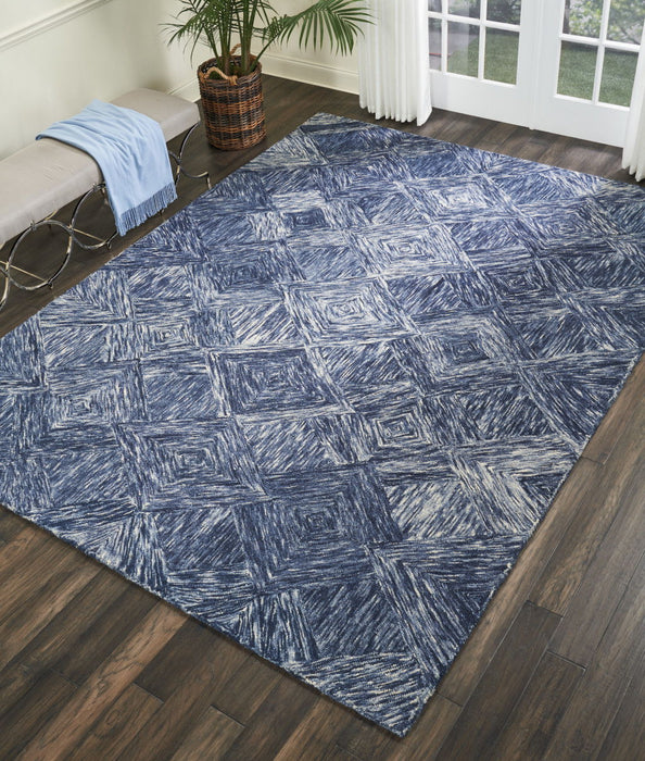 8' X 11' Wool Geometric Area Rug - Denim Blue / Ivory