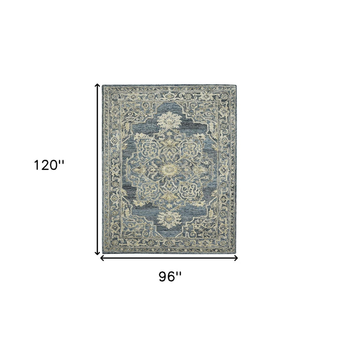 8' X 10' Wool Oriental Hand Tufted Area Rug - Denim Blue And Ivory
