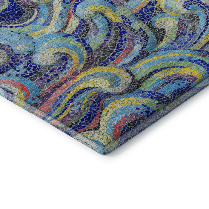 8' Geometric Washable Round Rug With UV Protection - Pacific Blue