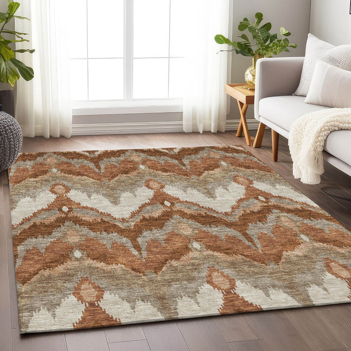 9' X 12' Ikat Washable Area Rug With UV Protection - Rust And Beige