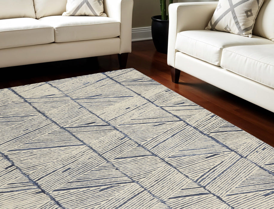 8' X 12' Wool Geometric Area Rug - Blue And White