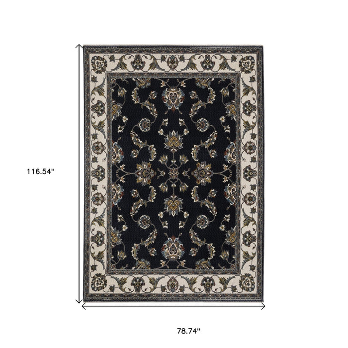 7' X 10' Oriental Area Rug With Fringe - Navy Blue And Ivory