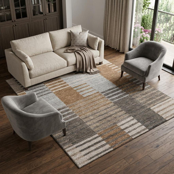 10' X 14' Striped Washable Area Rug With UV Protection (656262) - Rust / Ivory / Gray