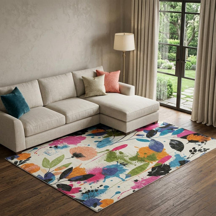 10' X 14' Floral Washable Area Rug With UV Protection (694370) - Ivory / Blue / Pink / Orange